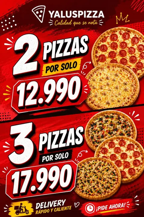Promo de Yalus Pizza: 2 pizzas o 3 pizzas por solo un precio