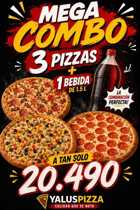 Mega combo de Yalus Pizza: 3 pizzas y 1 bebida de 1,5 L