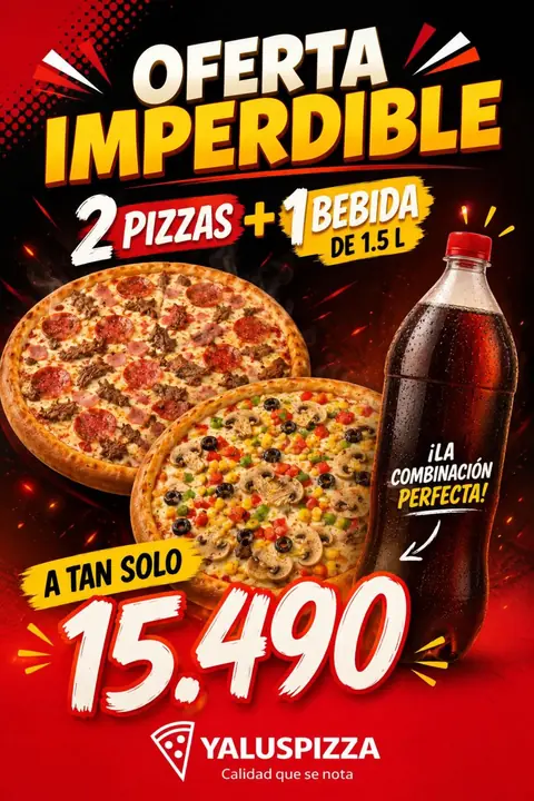 Oferta imperdible de Yalus Pizza: 2 pizzas y 1 bebida de 1,5 L