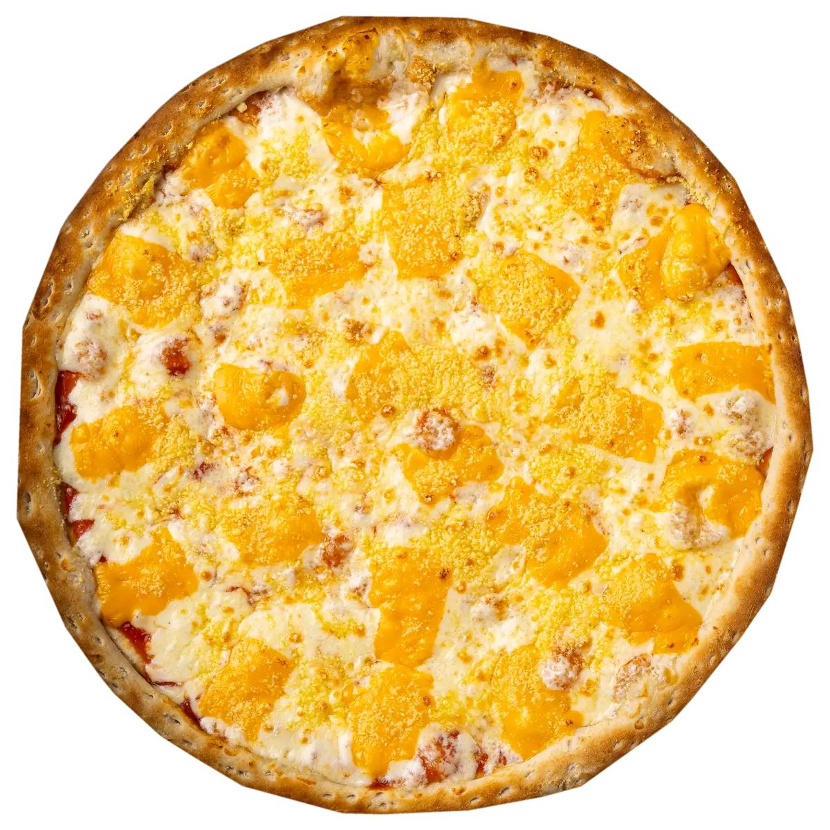 Pizza 4 Quesos de Yalus Pizza con salsa pomodoro, mozzarella, gouda, cheddar y parmesano