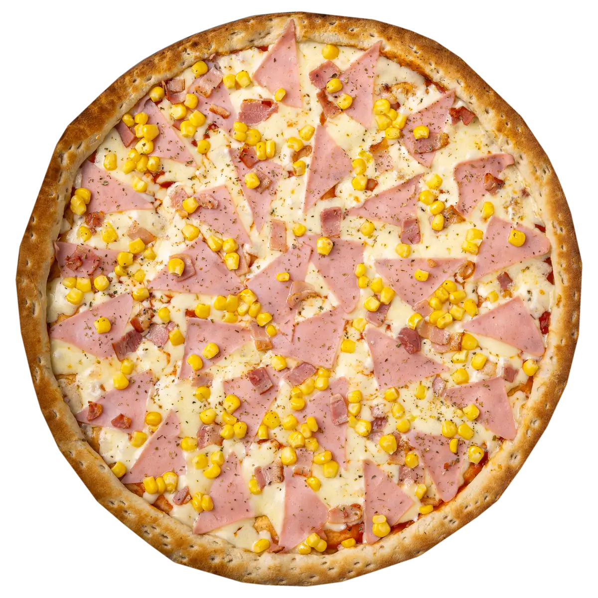 Pizza Caletanguina de Yalus Pizza con salsa pomodoro, mozzarella, jamón, tocino, piña y choclo