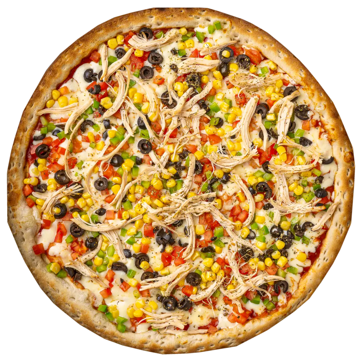 Pizza Pollo Jardinera de Yalus Pizza con salsa pomodoro, mozzarella, tomate, aceituna, pimentón, choclo y pollo