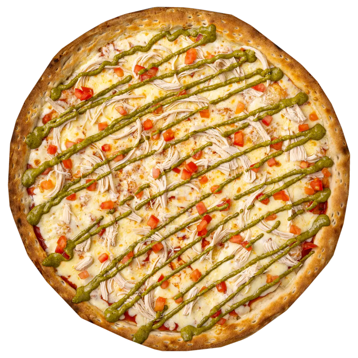 Pizza Pollo Pesto de Yalus Pizza con salsa pomodoro, mozzarella, tomate, pollo y pesto