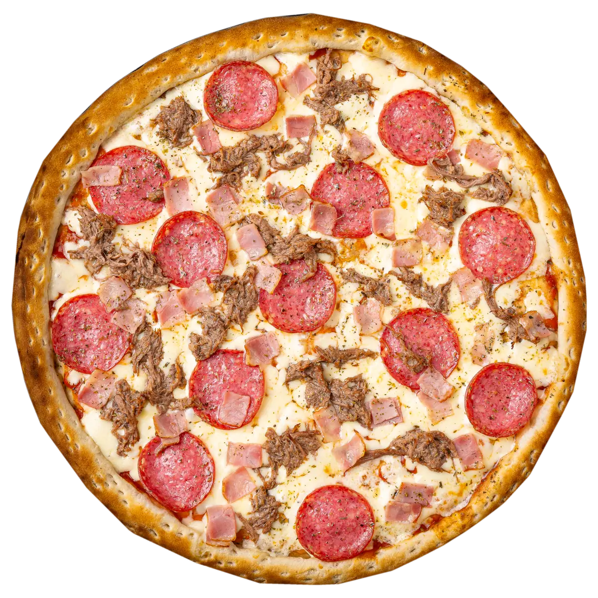 Pizza Tres Carnes de Yalus Pizza con salsa pomodoro, mozzarella, salame, tocino y carne mechada
