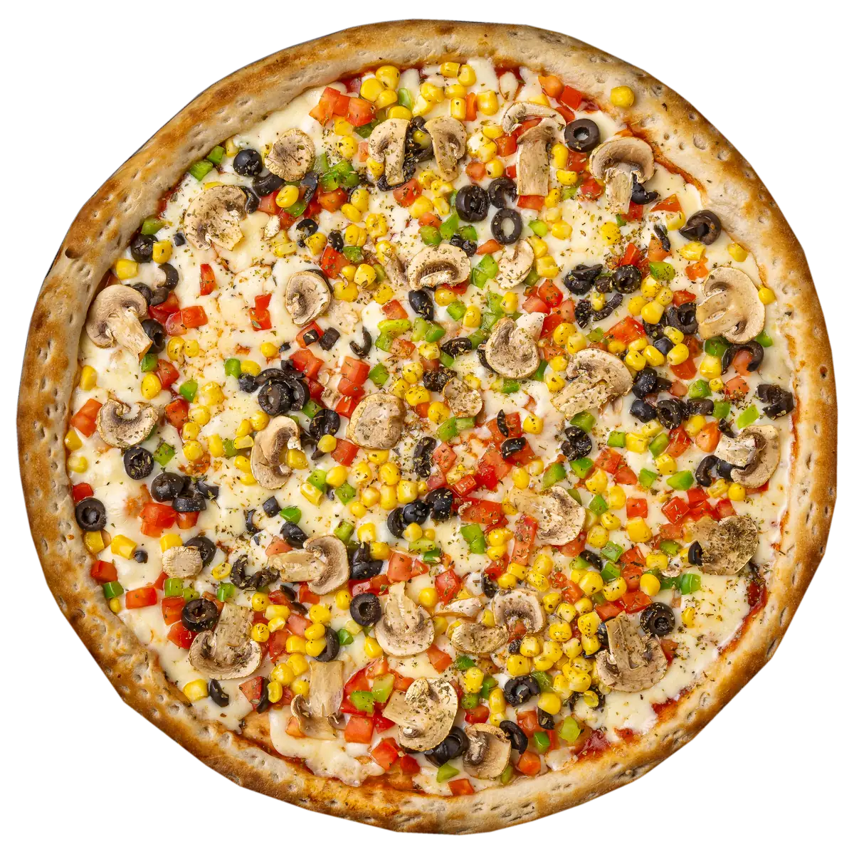 Pizza Vegetariana de Yalus Pizza con salsa pomodoro, mozzarella, tomate, aceituna, pimentón, choclo y champiñón