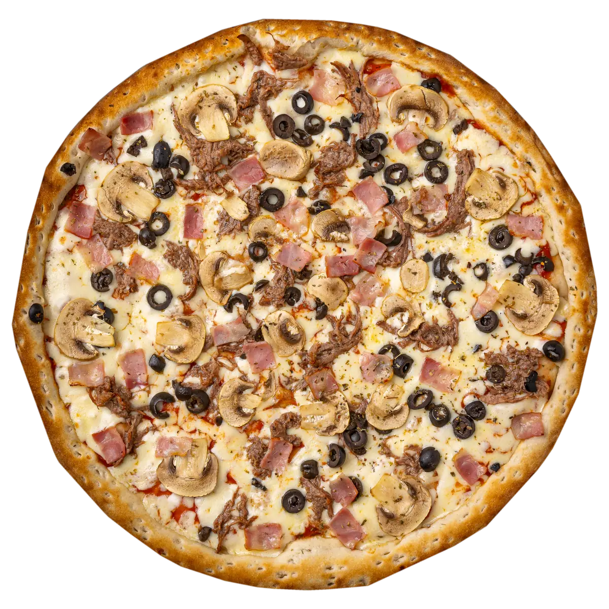 Pizza Yalus de Yalus Pizza con salsa pomodoro, mozzarella, carne mechada, aceituna, tocino y champiñón